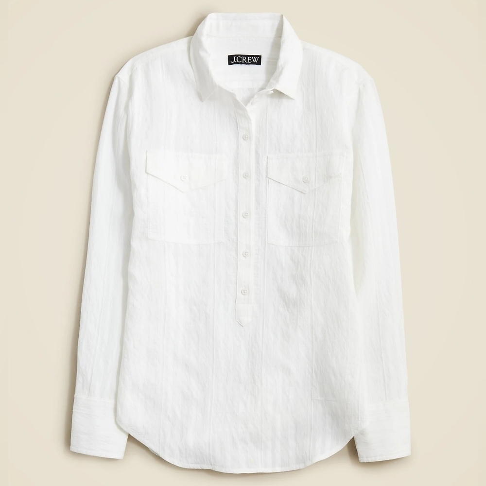 J.Crew Textured Popover Top XS Effortless Minimalist Crinkle Blouse Neutral Chic